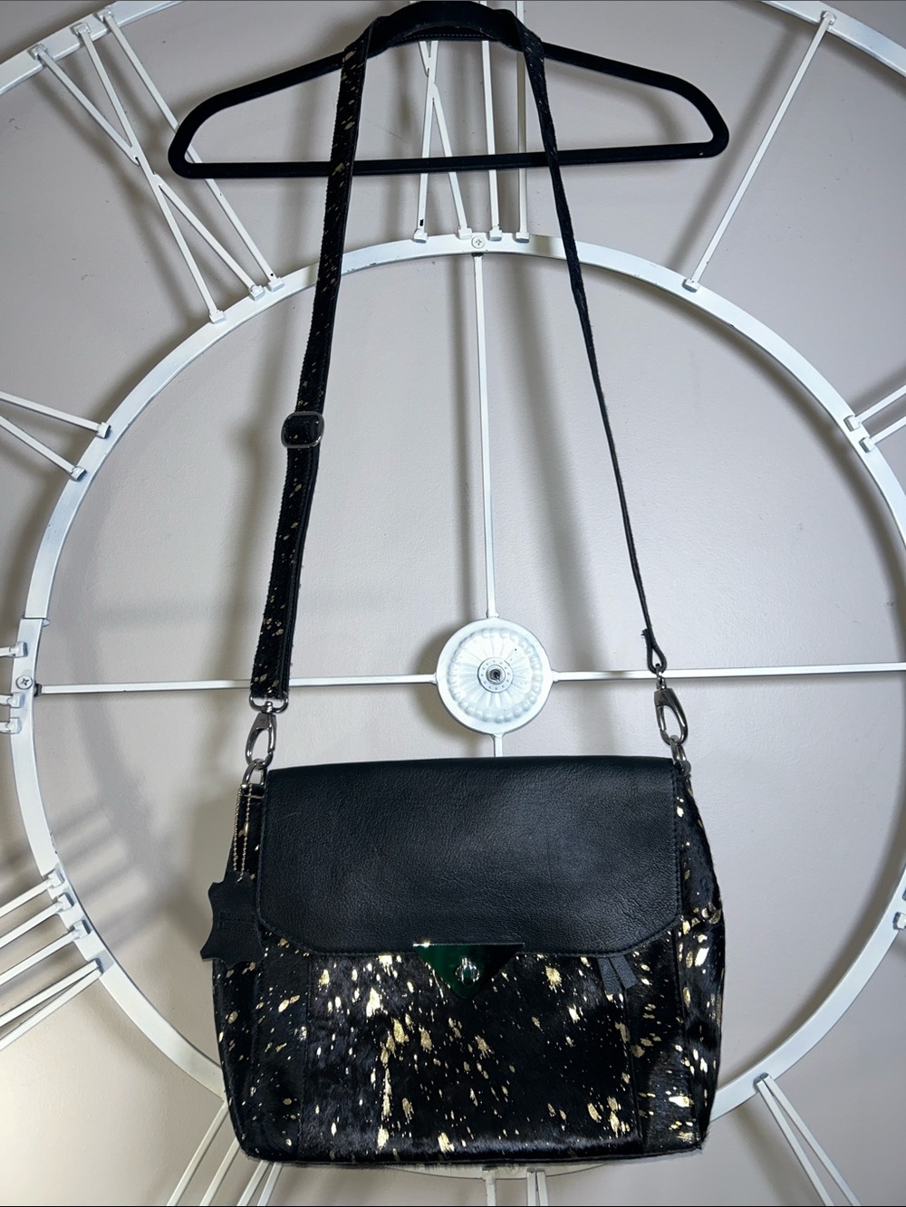 Cowhide Fur Genuine Leather Flap Crossbody Bag with Gold Foil Accents